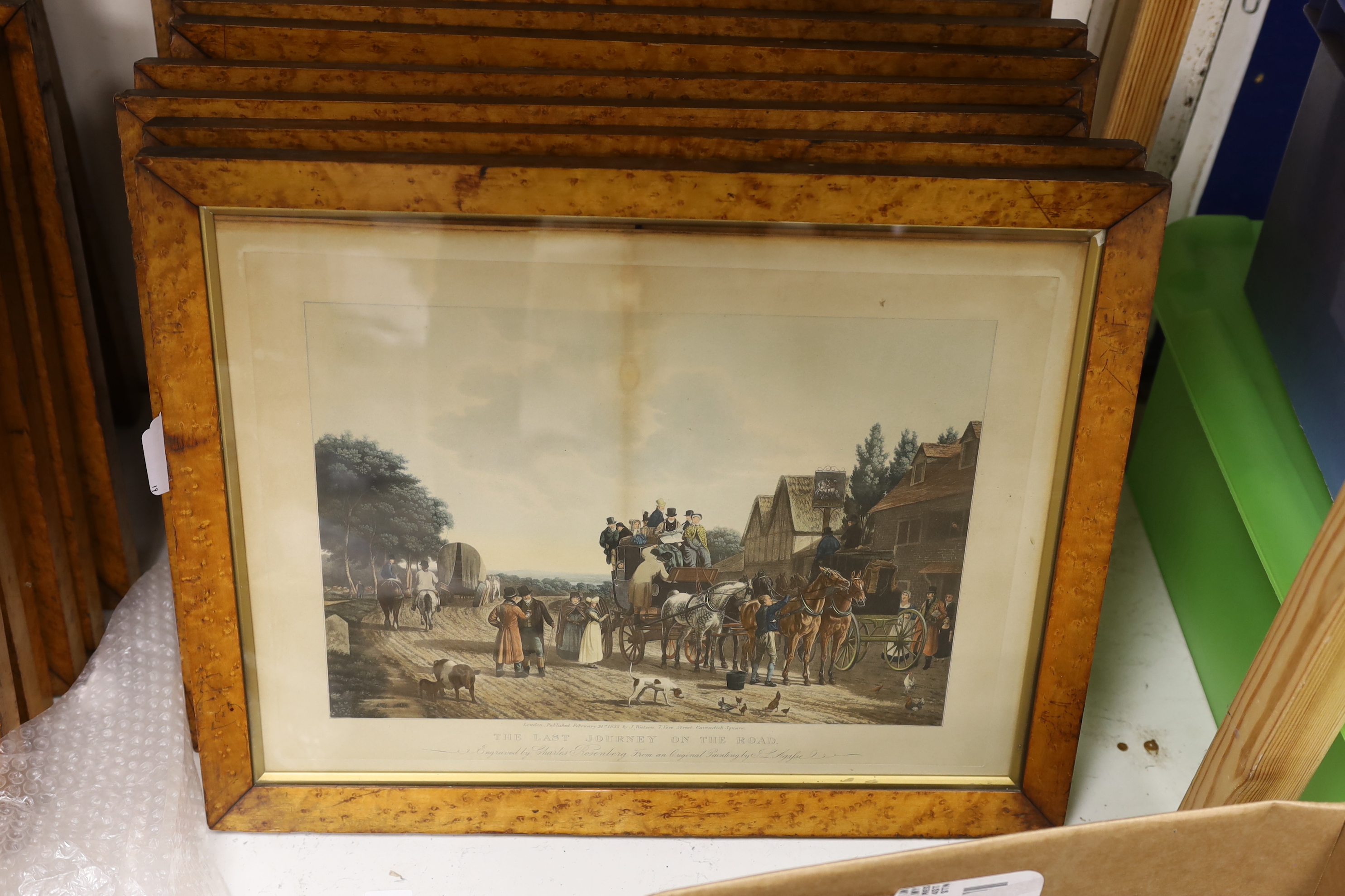 Rosenberg after Agasse, set of nineteen colour prints, Coaching and inn scenes, 38 x 50cm, maple framed, NB: From the Estate of Rt Hon Lord Lawson of Blaby